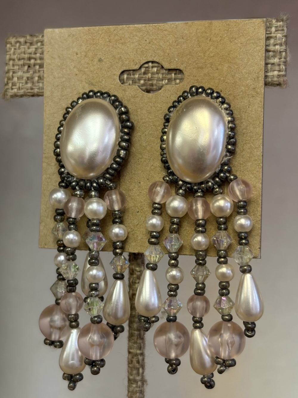 Vintage Beaded Pearl Drop Chandelier Earrings - Pink Pearlescent